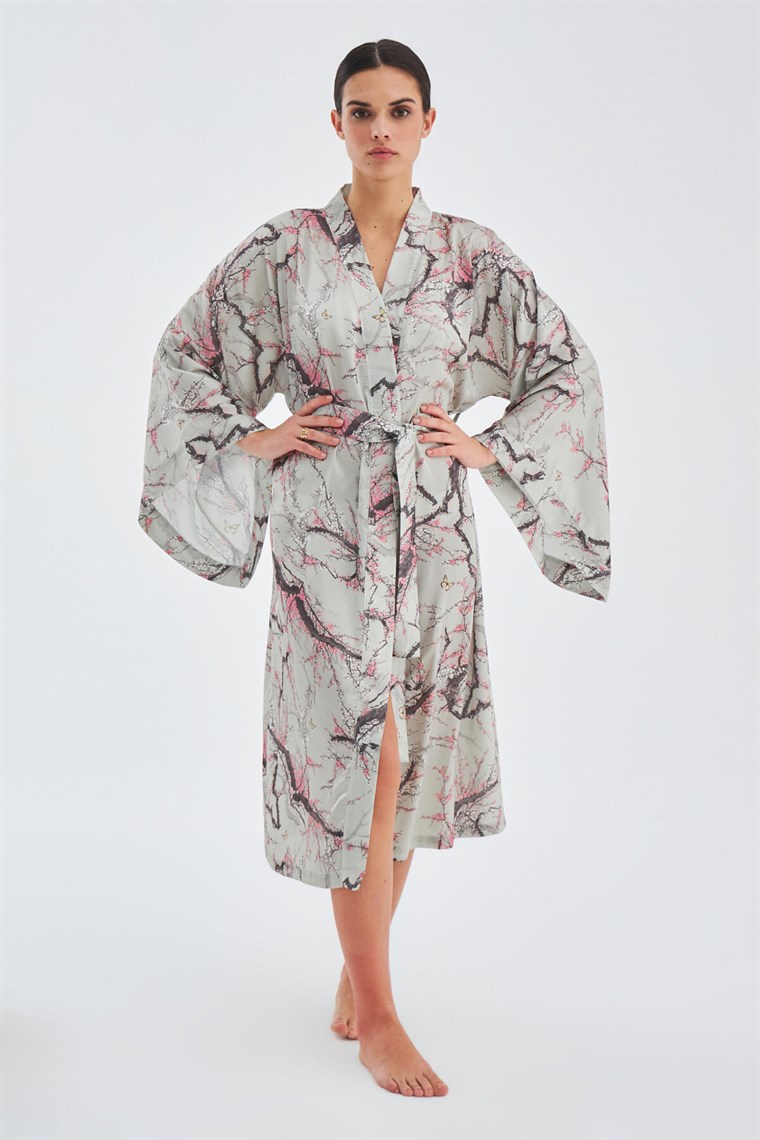 Peraluna BOLOSSOM Çiçek Desenli 120 CM Saten Yazlık Kadın Kimono Koyu Taş/Pembe