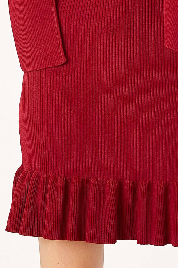 Peraluna Bordo Renk Ribanalı Fırfırlı Kadın Abiye Triko Elbise
