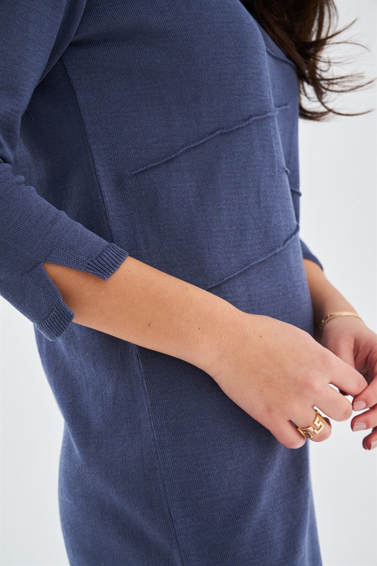 Peraluna Kayık Yaka Sade Yazlık Kadın Triko Elbise Gri/Mavi