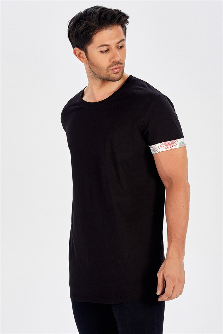 Peraluna Kol Ucu Baskılı Uzun Siyah T-Shirt