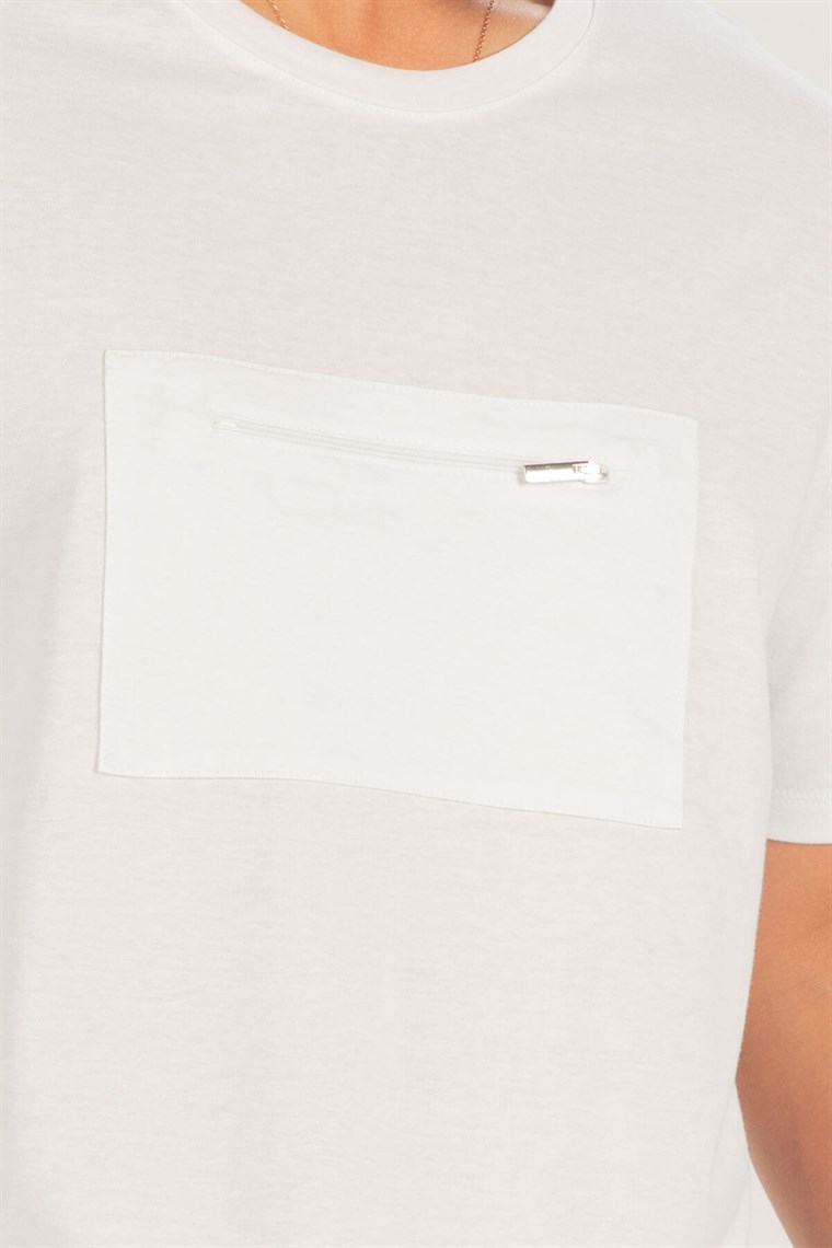 Peraluna Ön Orta Fermuarlı Düz Kesim Beyaz Erkek T-Shirt