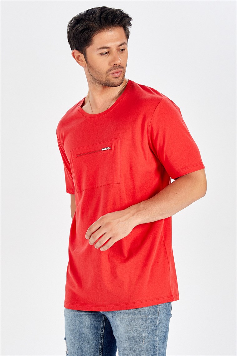 Peraluna Ön Orta Fermuarlı Düz Kesim Kırmızı Uzun T-Shirt