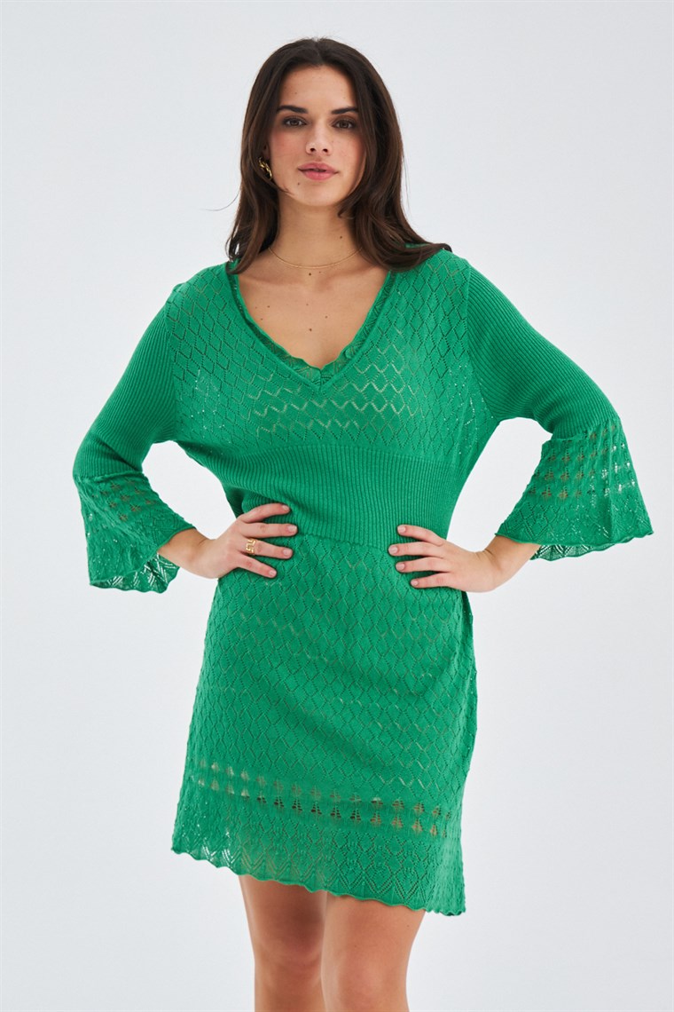 Peraluna YOHO DRESS Ajurlu V Yaka Diz Hizası Yazlık Kadın Triko Elbise Çimen Yeşili