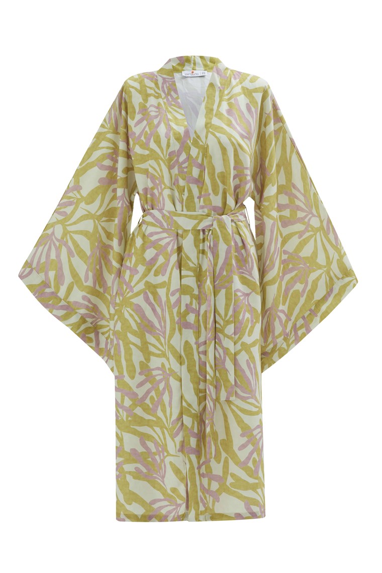 Peraluna AKIRA Desenli 120 CM Mat Dokulu Yazlık Kadın Kimono Fıstık/Lila