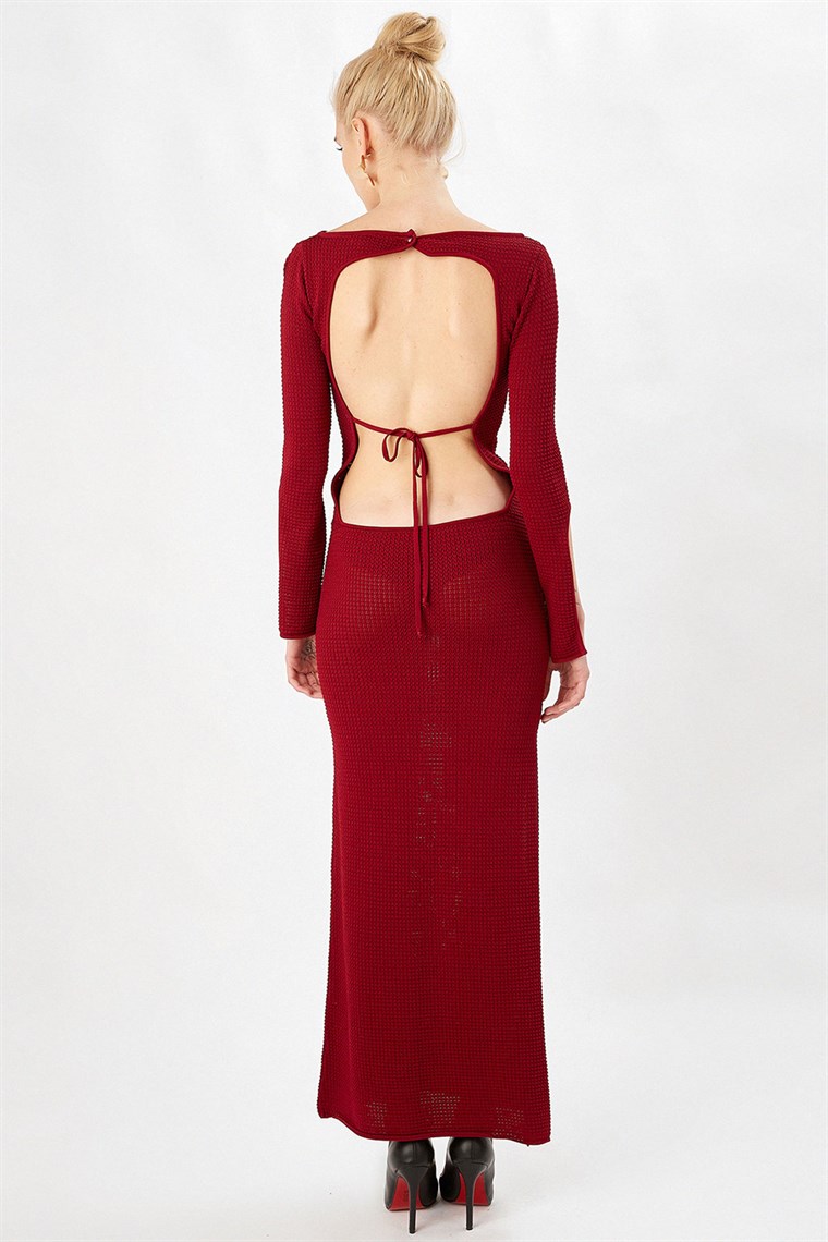 Peraluna Bordo Renk Sırtı Açık Uzun Abiye Triko Elbise