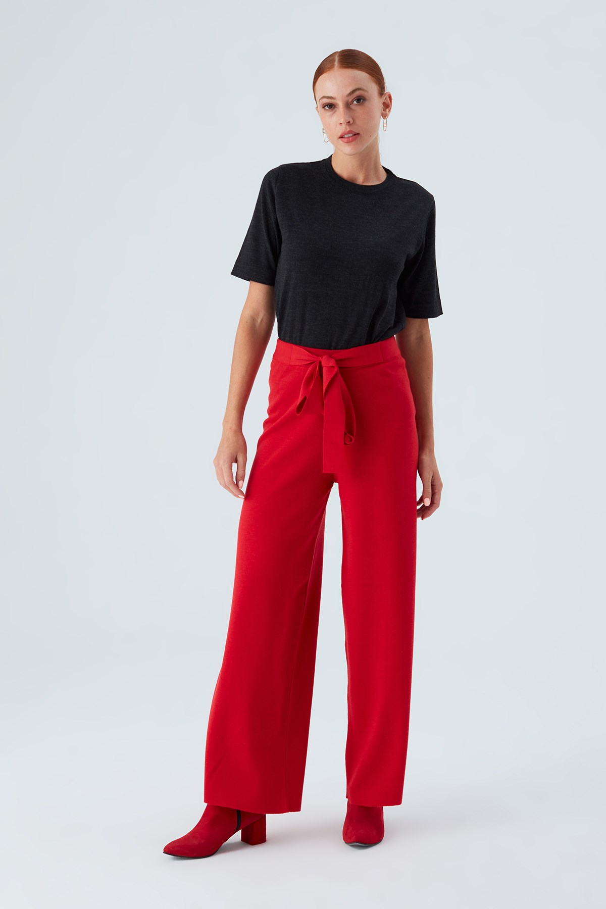 Peraluna Boru Paça Yüksek Bel Kadın Triko Pantolon Kırmızı
