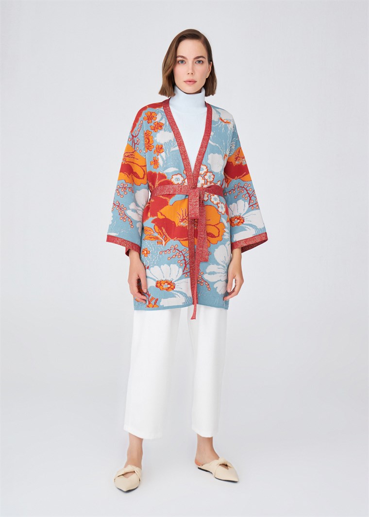Peraluna Çicek Desenli Bol Kesim Pamuklu Kadın Triko Kimono Çok Renkli