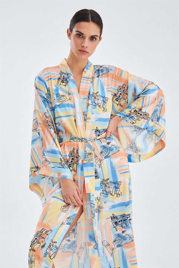Peraluna INAYA Desenli 120 CM Saten Yazlık Kadın Kimono Mavi/Sarı