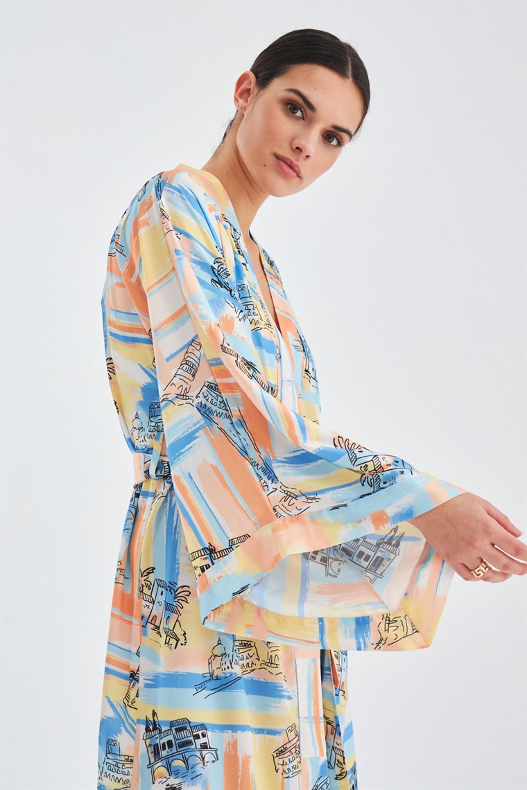 Peraluna INAYA Desenli 120 CM Saten Yazlık Kadın Kimono Mavi/Sarı