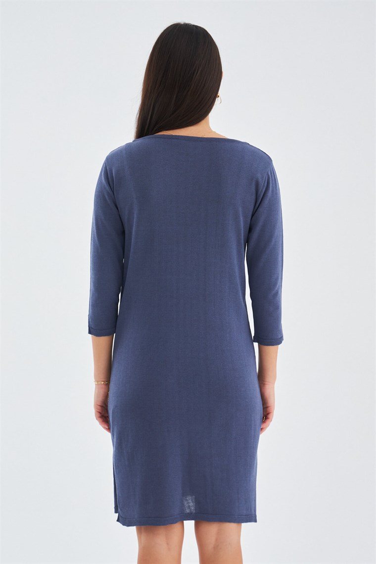 Peraluna Kayık Yaka Sade Yazlık Kadın Triko Elbise Gri/Mavi