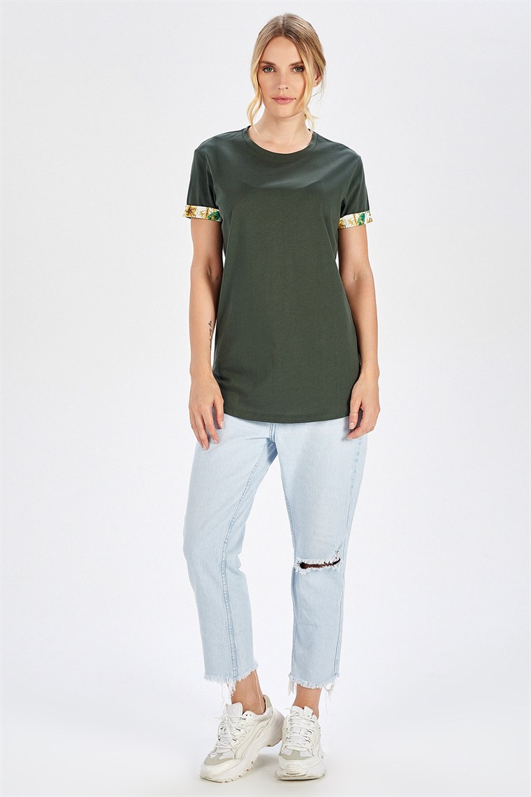 Peraluna Kol Ucu Desenli Uzun Haki Renk Pamuklu Kadın T-Shirt