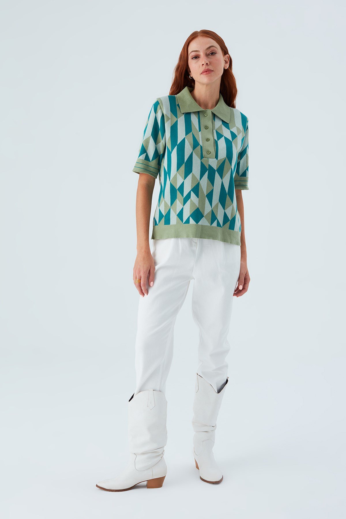 Peraluna LENA BLOUSE Geometrik Retro Desenli Kadın Triko Bluz Multi Yeşil