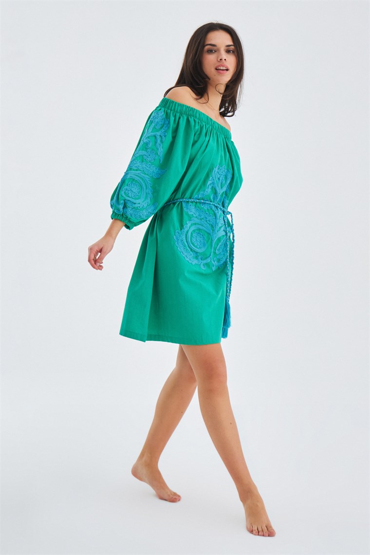 Peraluna MASUMI DRESS %100 Pamuk Diz Hizası Yazlık Kadın Elbise Çimen Yeşil/Mavi