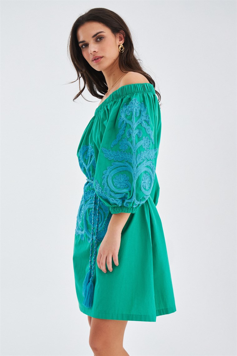 Peraluna MASUMI DRESS %100 Pamuk Diz Hizası Yazlık Kadın Elbise Çimen Yeşil/Mavi