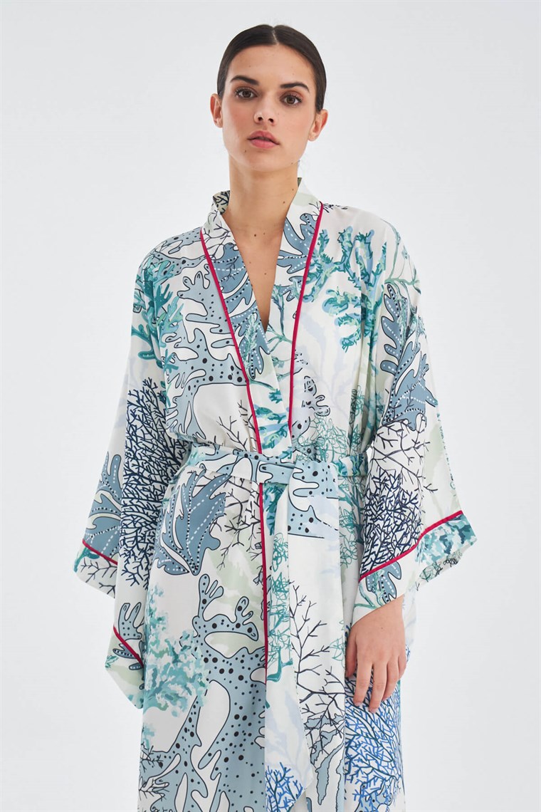 Peraluna NILA Desenli Yazlık Mat Dokulu 90 CM Yazlık Kadın Kimono Yeşil/Ekru