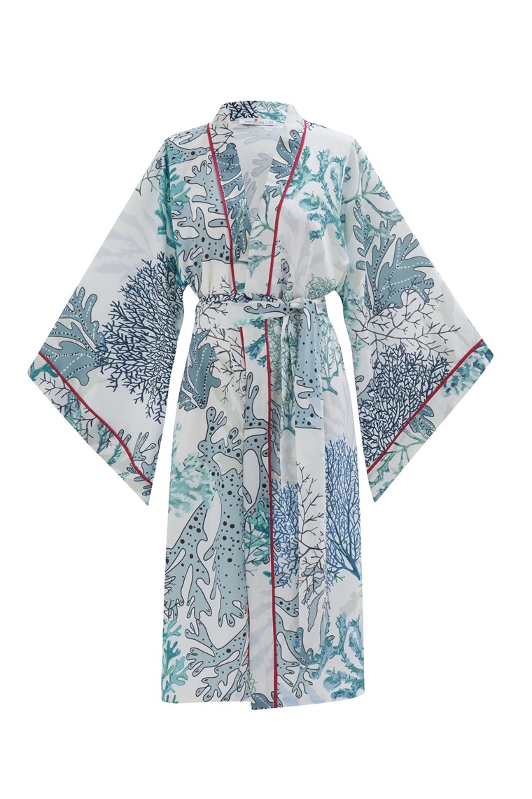 Peraluna NILA Desenli Yazlık Mat Dokulu 90 CM Yazlık Kadın Kimono Yeşil/Ekru