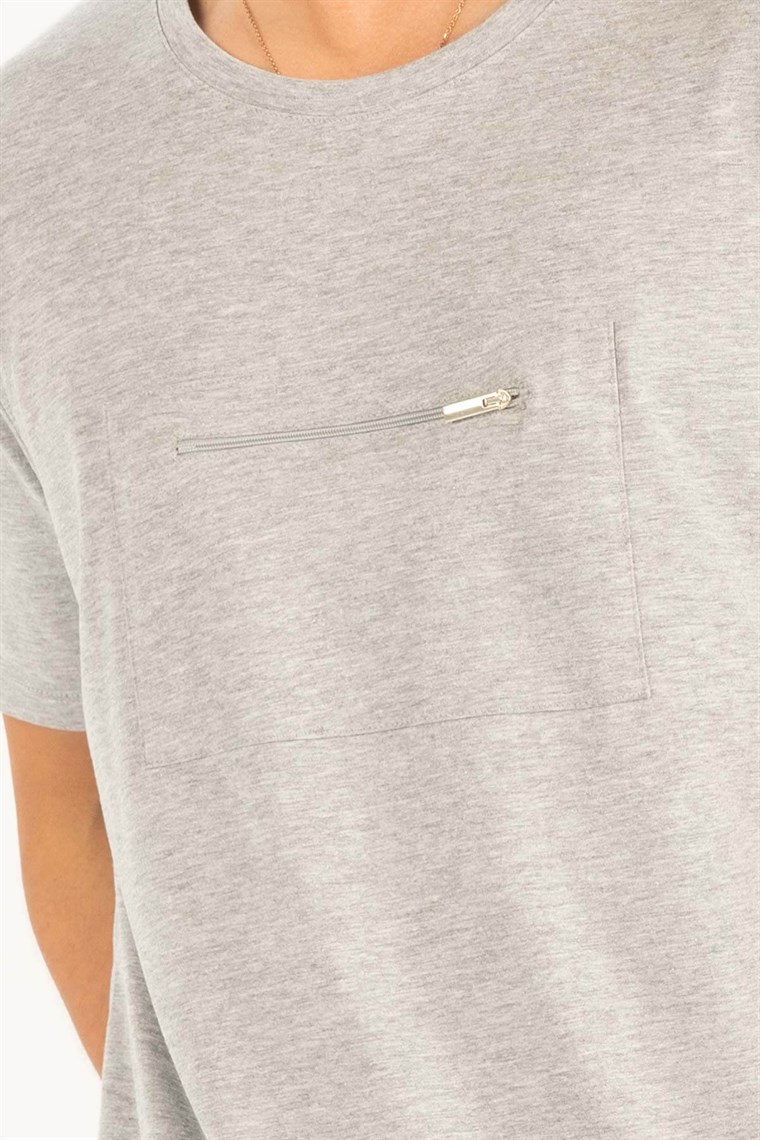 Peraluna Ön Orta Fermuarlı Düz Kesim Açık Gri Erkek T-Shirt