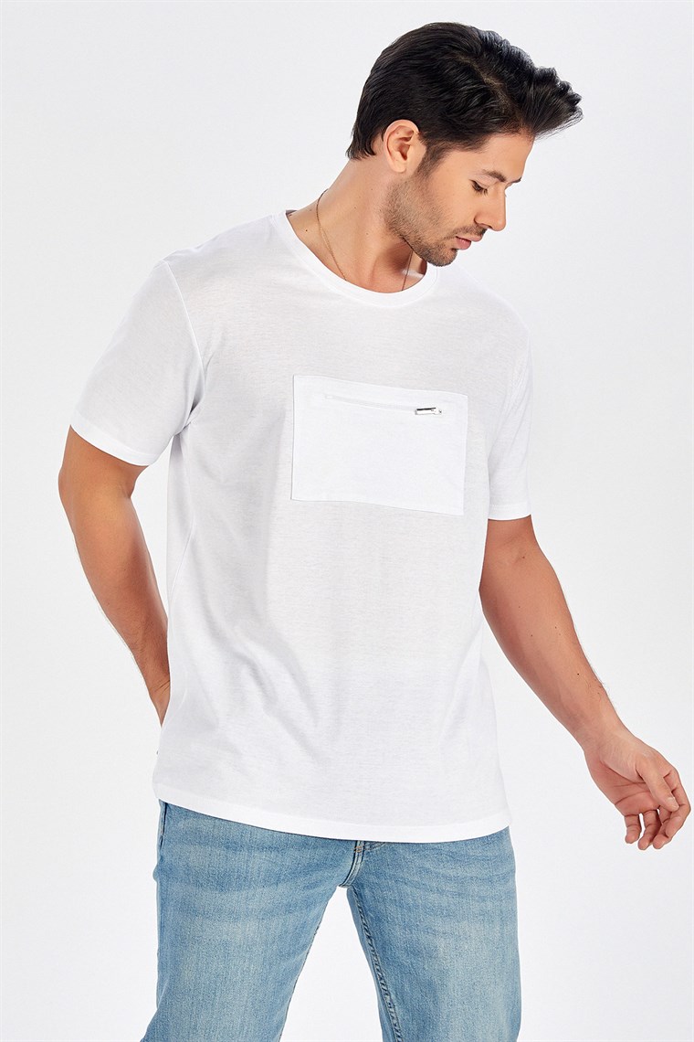 Peraluna Ön Orta Fermuarlı Düz Kesim Beyaz Uzun T-Shirt