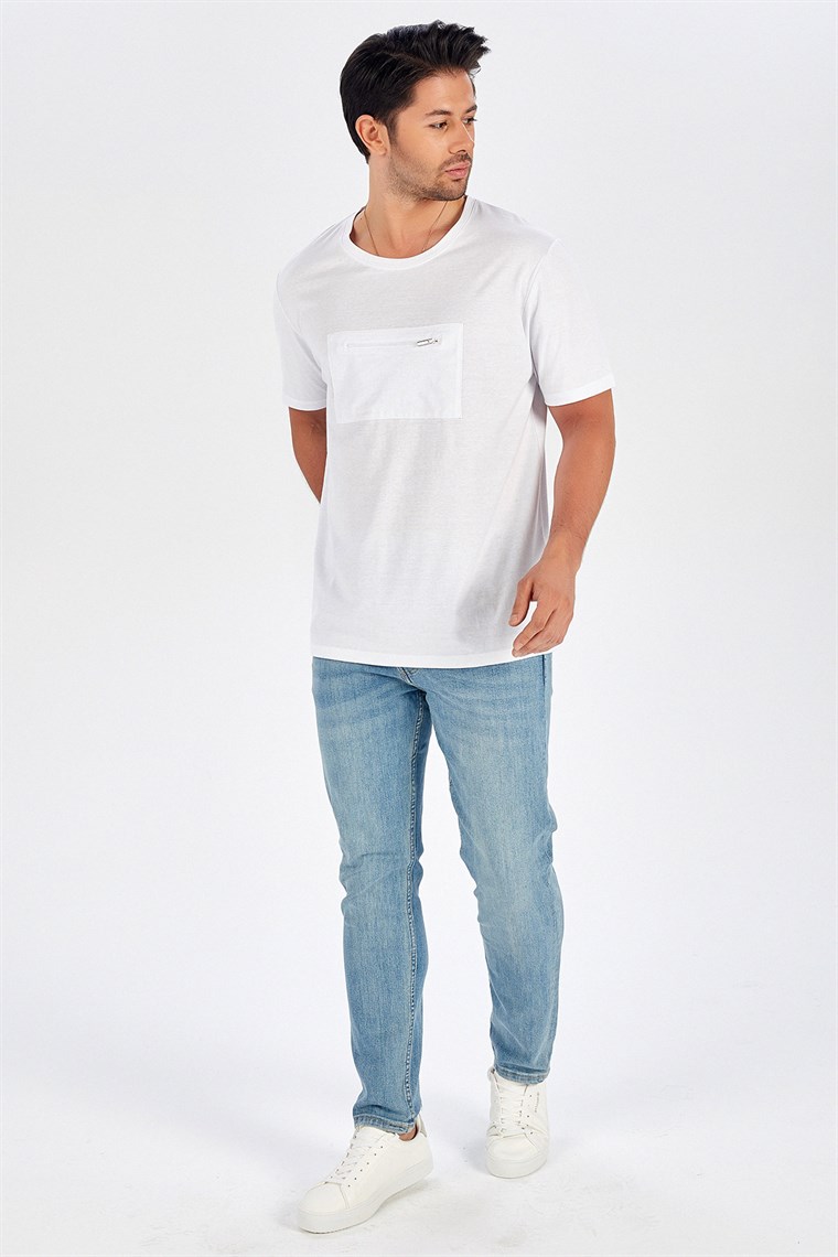 Peraluna Ön Orta Fermuarlı Düz Kesim Beyaz Erkek T-Shirt