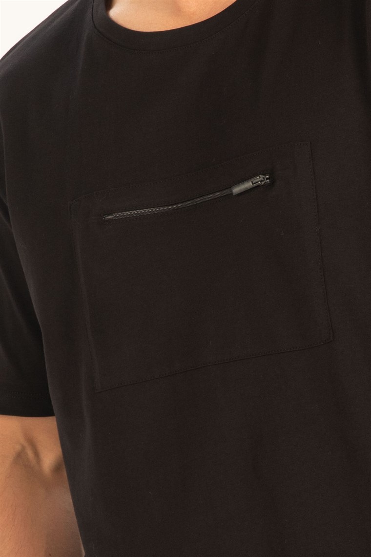 Peraluna Ön Orta Fermuarlı Düz Kesim Siyah Erkek T-Shirt