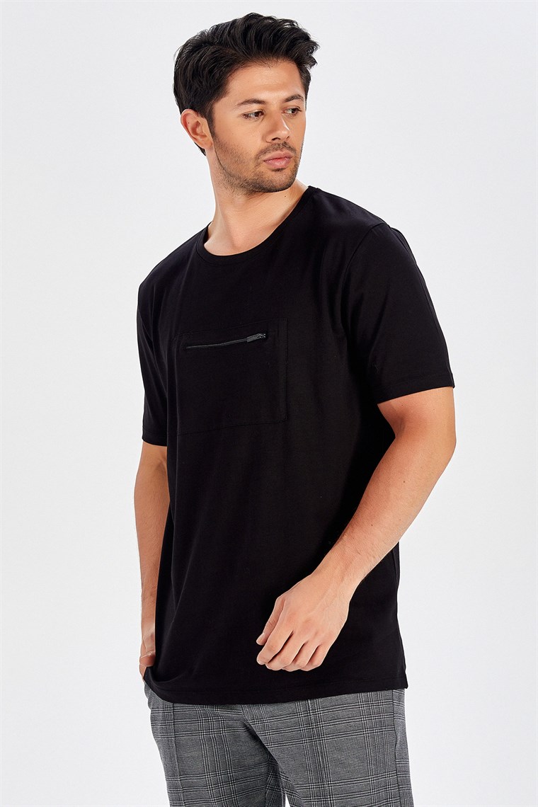 Peraluna Ön Orta Fermuarlı Düz Kesim Siyah Uzun T-Shirt