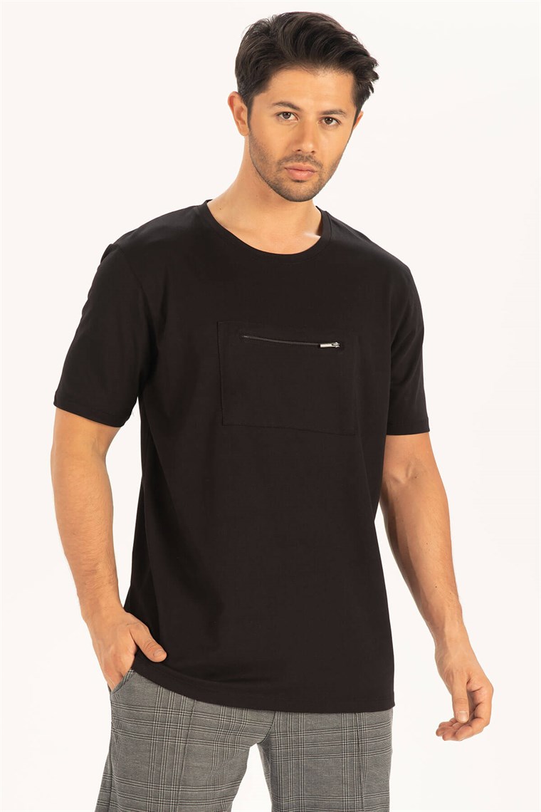 Peraluna Ön Orta Fermuarlı Düz Kesim Siyah Erkek T-Shirt