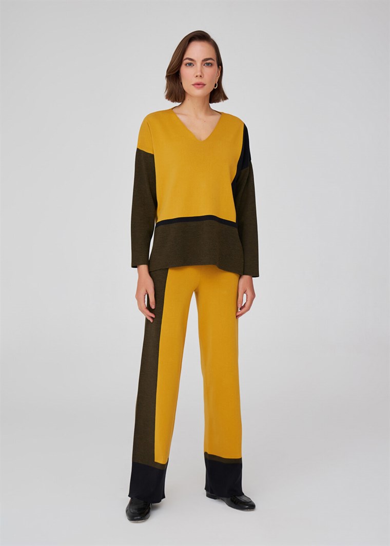 Peraluna Renk Bloklu Boru Paça Kadın Triko Pantolon Çok Renkli