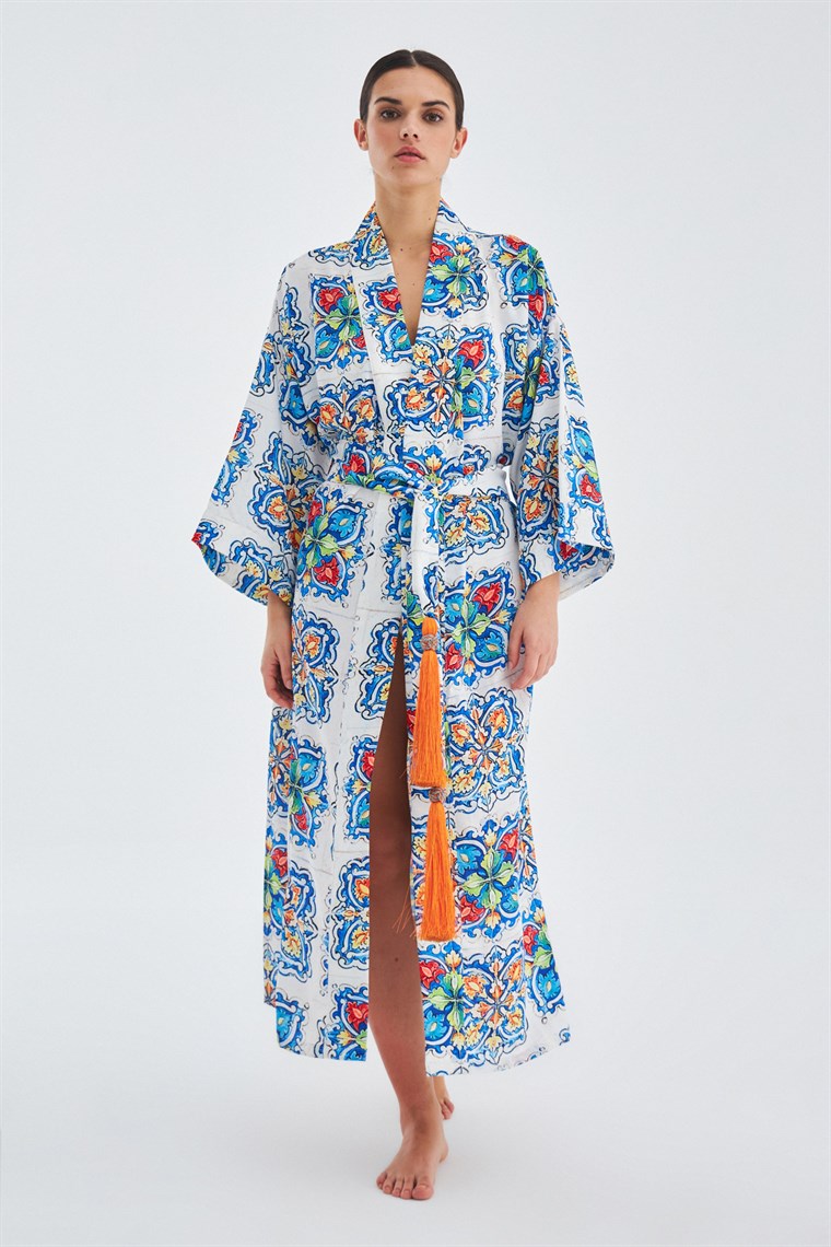 Peraluna RIA Çini Desenli Bilek Hizası Saten Kadın Kimono Çok Renkli