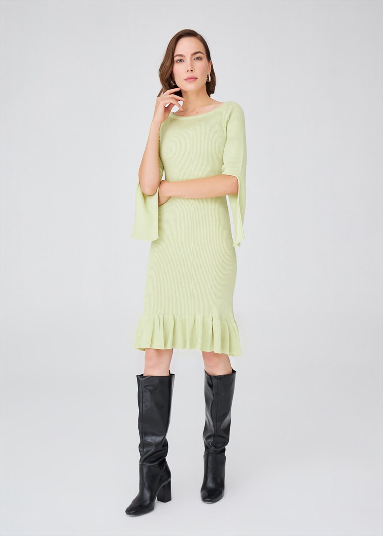 Peraluna Ribanalı Diz Boyu Abiye Kadın Triko Elbise Yeşil