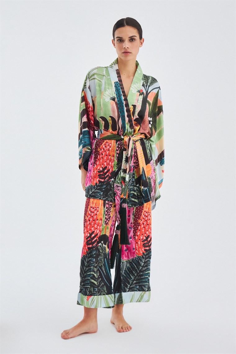 Peraluna SHUKO Tropik Desenli Geniş Kollu Saten Kadın Kimono Çok Renkli