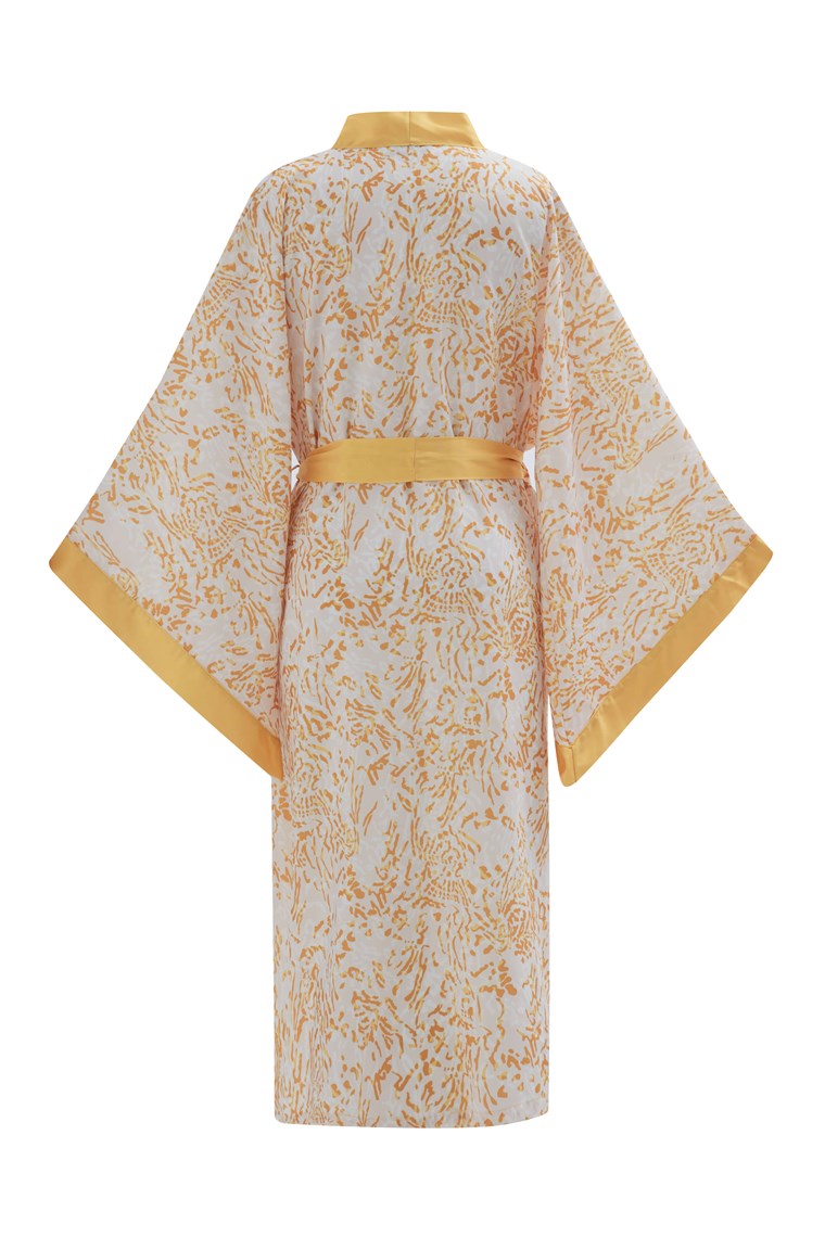 Peraluna SİTARA Desenli 120 CM Saten Yazlık Kadın Kimono Hardal/Ekru