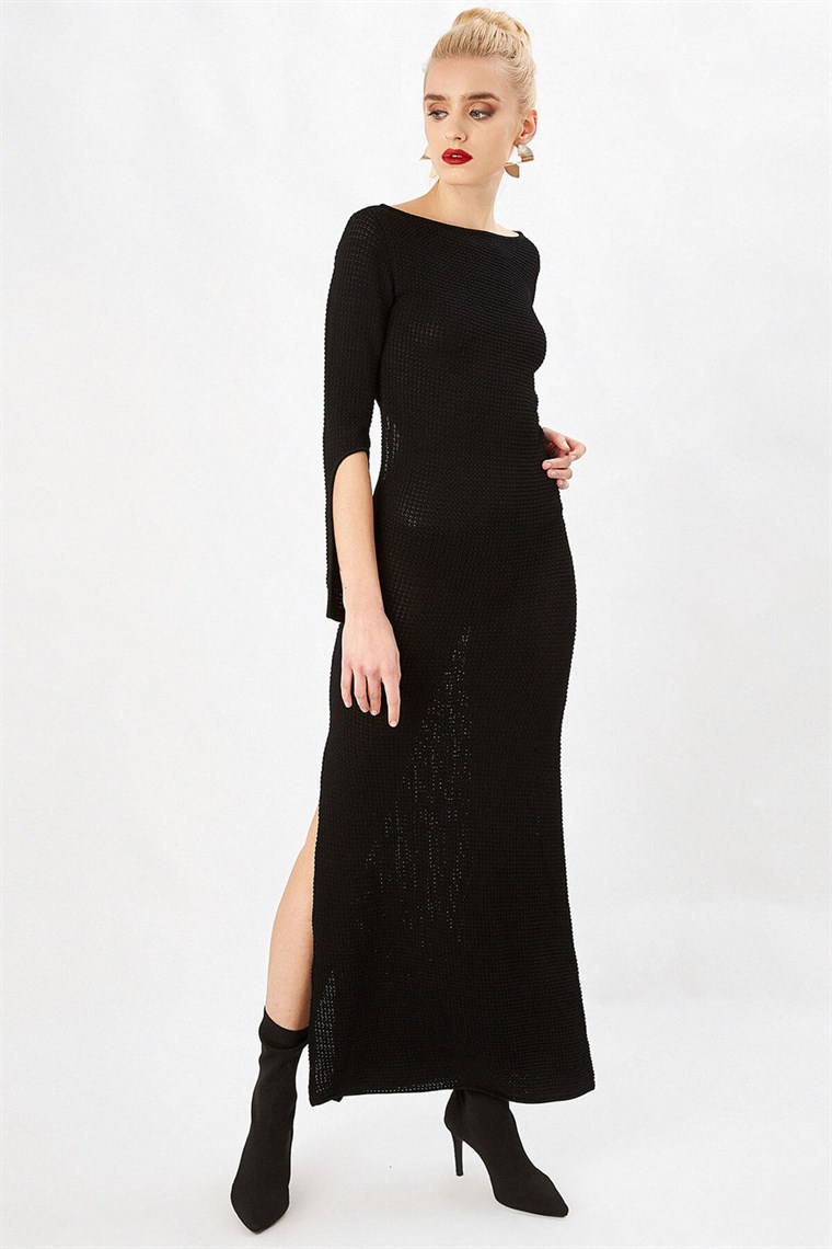 Peraluna Siyah Renk Sırtı Açık Uzun Abiye Triko Elbise